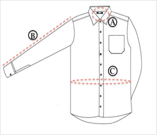 Collar is measured along line A, from collar button to button hole ...